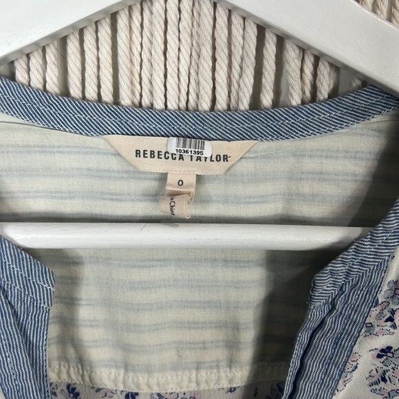 Rebecca Taylor Long Sleeve Cotton Mini Dress Sz 0 Blue/White patchwork Cottage - Picture 2 of 5